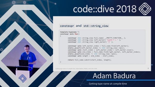 Getting type name at compile time - Adam Badura - code::dive 2018 смотреть онлайн