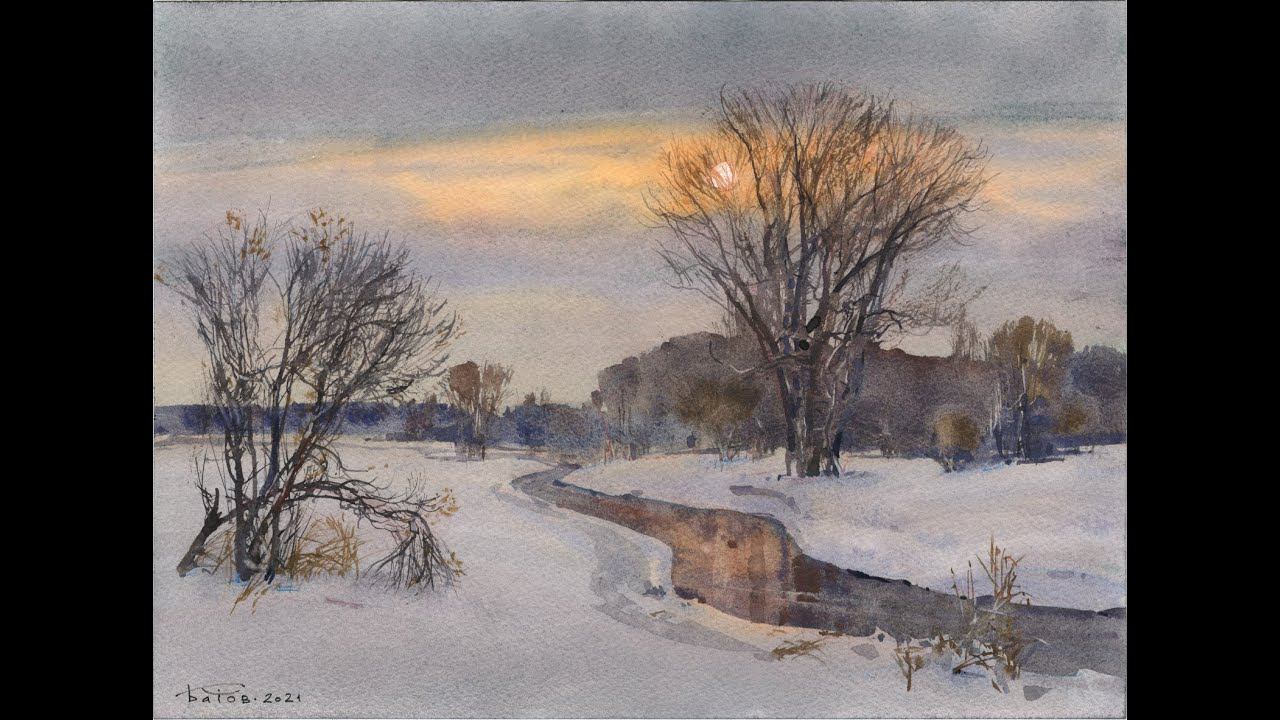 20210123 Акварельный зимний пейзаж. Низкое солнце. The Low sun. Watercolor winter landscape смотреть онлайн