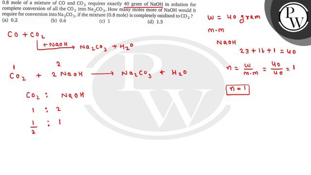 0.8 mole of a mixture of CO and CO_2 requires exactly 40 gram of NaOH in solution for complete co.. смотреть онлайн