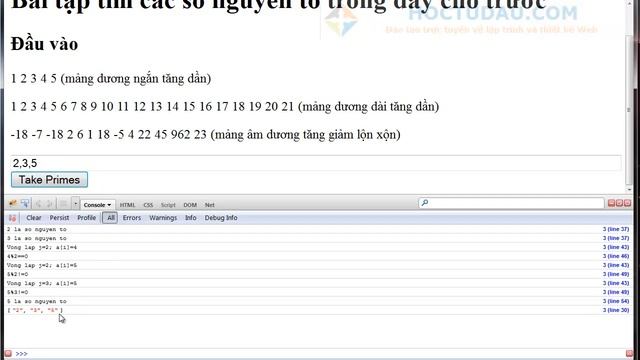 Bài tập Javascript, PHP, C#, Java, C, Pascal, .. : tìm các số nguyên tố trong dãy số смотреть онлайн