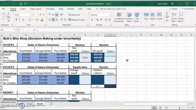 Setting up Decision Analysis Under Uncertainty problems in MS Excel (Office 365) part I смотреть онлайн