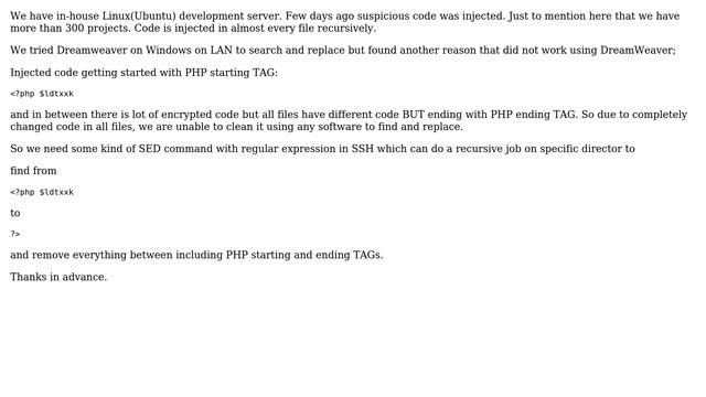 How to remove injected code between two strings recursively in PHP files using SSH? смотреть онлайн