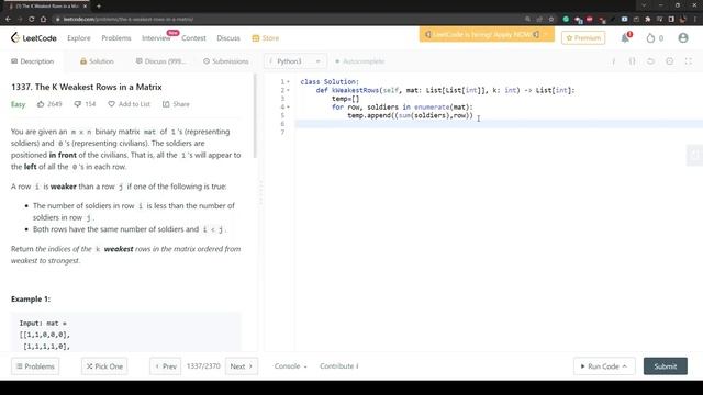 Python: leetcode 1337 - The K Weakest Rows in a Matrix смотреть онлайн