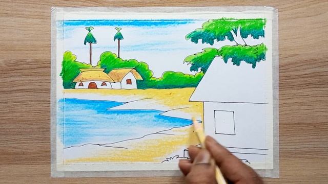 how to draw a village scenery drawing-most easy steps/landscape drawing/scenery drawing смотреть онлайн