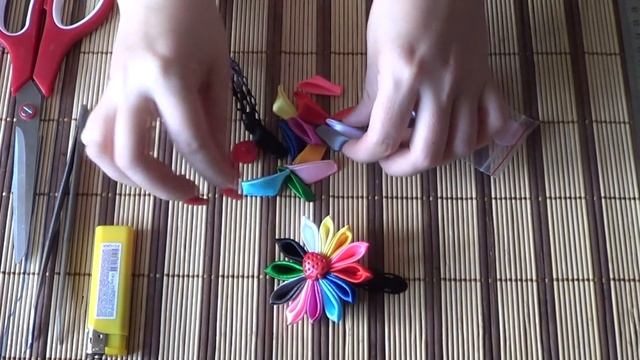 Канзаши МК.Разноцветные цветы канзаши.DIY tutorial смотреть онлайн