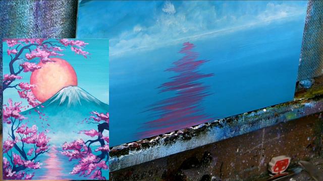 Mt Fuji How to paint with Acrylic on Canvas Cherry Blossom | TheArtSherpa смотреть онлайн
