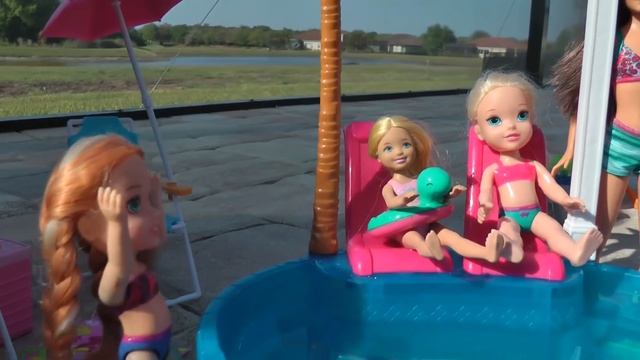 POOL Fun ! Ice Prank - Elsa & Anna Toddlers - Barbie's New Car - Swimming - Splash - Water - Slide