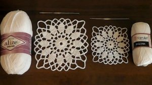 Вязание крючком: Круглый элемент в квадратном мотиве, пряжа для сравнения двух мотивов