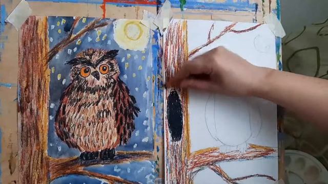 Рисуем мудрого филина. Масляная пастель, акварель смотреть онлайн