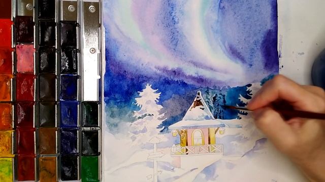 Рисуем домик . Зимний пейзаж. смотреть онлайн