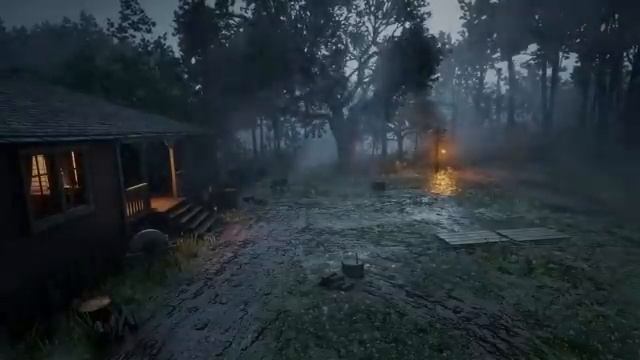 A lonely hut in the forest under heavy rain and occasional thunder rumbles | RDR2 atmosphere смотреть онлайн