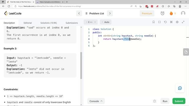 Find the Index of the First Occurrence in a String - LeetCode 28 Solution - C++ смотреть онлайн
