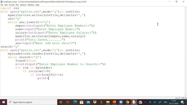 CBSE Class 12 Python 5. Create CSV file & stor empno, name, sal & search any empno & disp name, sal смотреть онлайн