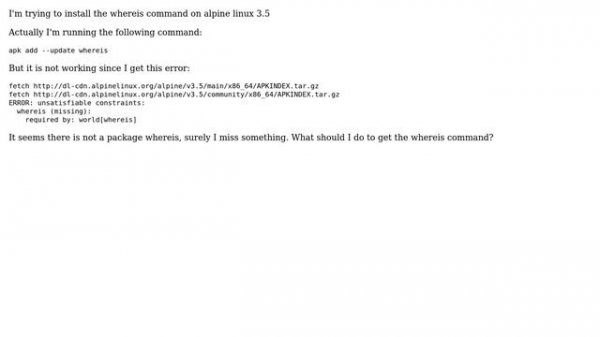 Install whereis command on alpine linux