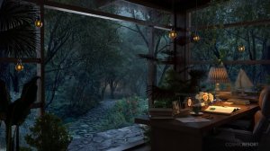 Cottage Study Room with Lush Forest View  -  Rain Sounds for Focus and Relaxation