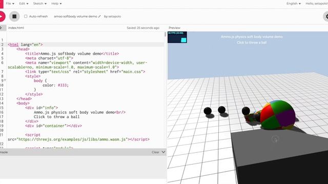 ammo.js softbody demo on p5 editor cannon ball game Lv1 sample source linked смотреть онлайн