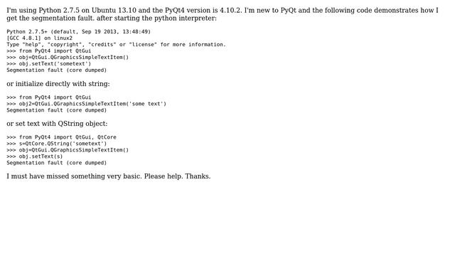 PyQt4 segmentation fault when assigning text to QGraphicsSimpleTextItem смотреть онлайн