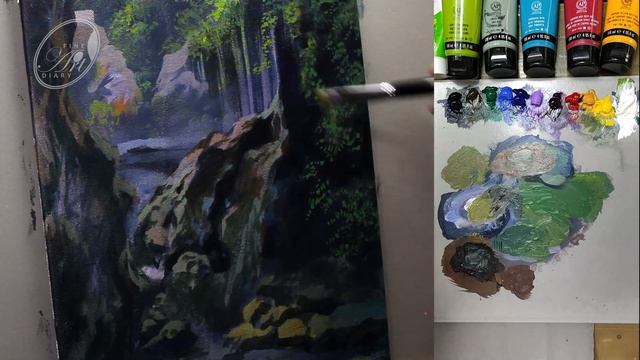 Easy Acrylic Painting Tutorial | Deep Forest and Waterfall Landscape Painting смотреть онлайн