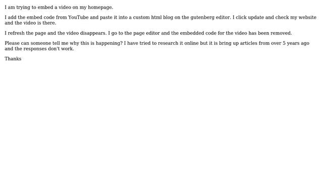 Wordpress: Youtube iframe embed keeps disappearing from page смотреть онлайн