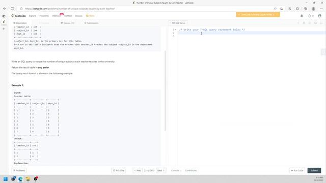 LeetCode 2356 | Number of Unique Subjects Taught by Each Teacher | Count, Distinct | SQL смотреть онлайн