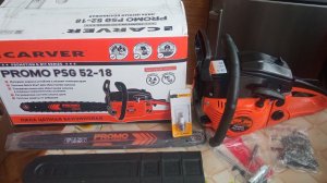 Бензиновая пила CARVER PROMO модель PSG-52-18. шина 45см. мощность 2.6л.с. 52куба. распаковка обзор