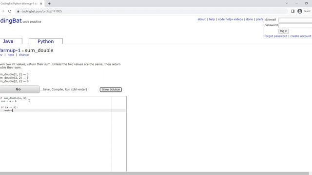 CodingBat Solution (Python) - Warmup1: Sum-Double смотреть онлайн