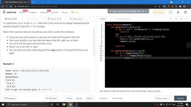 Leetcode problem 1219 Path with maximum gold solution | recursion in python | python for beginner смотреть онлайн