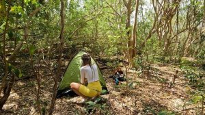 solo camping after the rain?️juicy girl preparing fruit salad in wild forest?