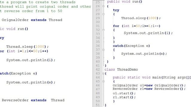 java program to create 2 threads 1st print original order and 2nd print reverse order from 1 to 50 смотреть онлайн