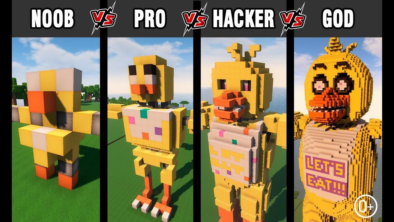 Minecraft Battle: NOOB Vs PRO Vs HACKER Vs GOD: BUILD FNAF CHICA CHALLENGE In Minecraft (0+)
