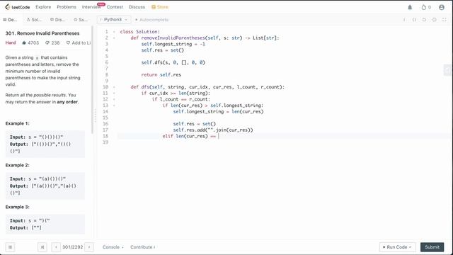 REMOVE INVALID PARENTHESIS | LEETCODE # 301 | PYTHON BACKTRACKING SOLUTION смотреть онлайн
