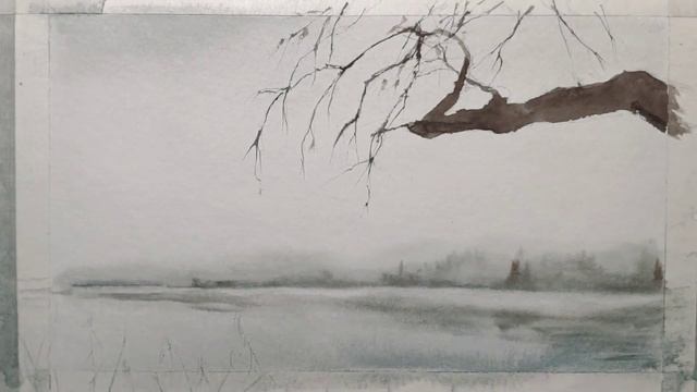 Пейзаж акварелью "туманное утро" / watercolor landscape "fog morning" смотреть онлайн