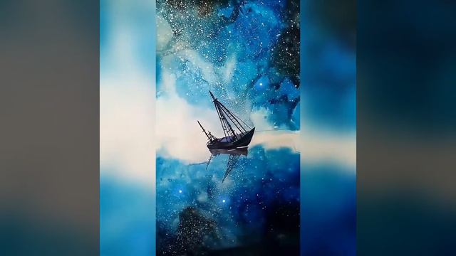 Рисуй со мной. Акварель, корабль в ночном океане. Галактика.🌌💜 Draw with me. смотреть онлайн