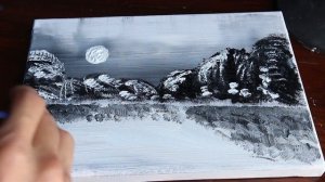 Техника покраски алюминиевой фольгой и ватным тампоном - пейзаж акриловый рисунок - черное и белое