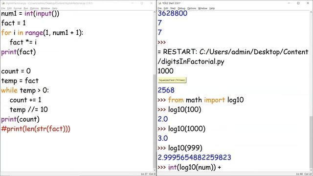 Find no. of digits in Factorial of a number | Problem Solving | Loops | Python смотреть онлайн
