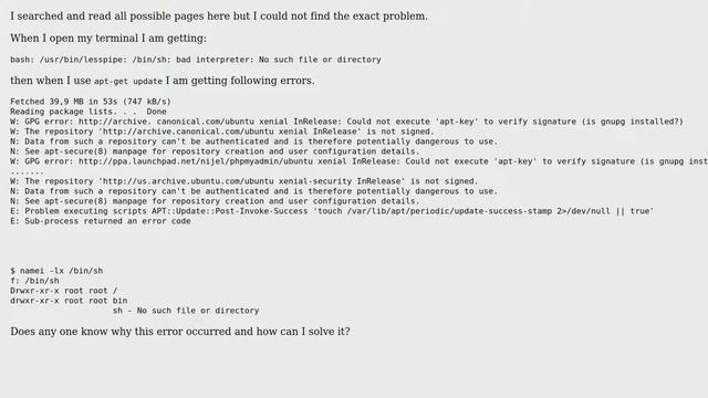 Ubuntu: terminal start to give error bash: /usr/bin/lesspipe смотреть онлайн