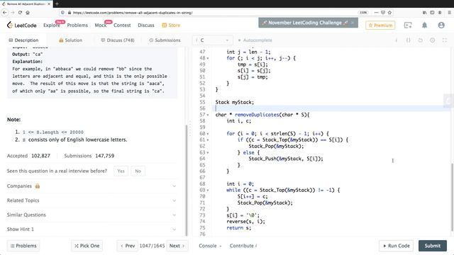 Leetcode 1047: Remove Adjacent Duplicates in a String смотреть онлайн