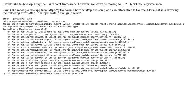 Sharepoint: react-generic-app throws webpack unexpected token error on HelloWorld.module.css смотреть онлайн