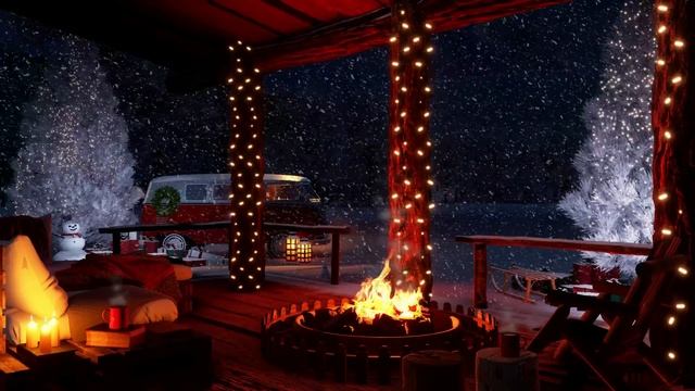 Cozy Christmas Cabin Porch Ambience - Crackling Fireplace and Blizzard Sound for Relaxation 4K смотреть онлайн