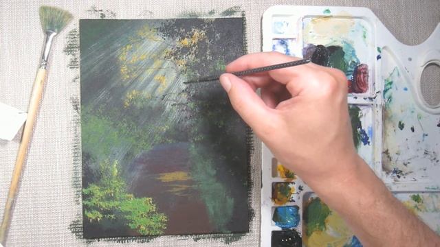 Акрилом рисуем солнечный свет в темном лесу с пошаговым комментарием. Рисование для начинающих. смотреть онлайн