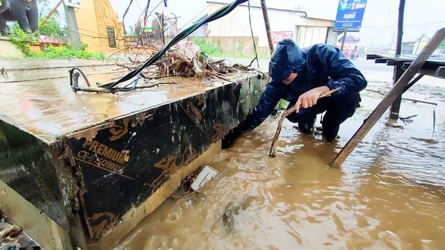 Removal Leafe And Rubbish Clogging Drains On Roads After Heavy Rains Way To Factory Near Factory смотреть онлайн