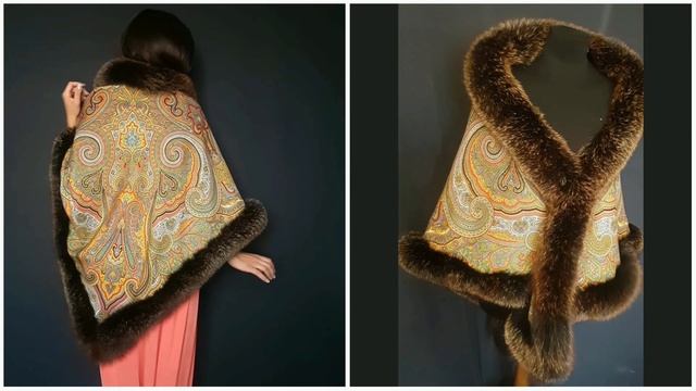 Павловопосадская шаль «Драгоценная» с мехом лисы блюфрост