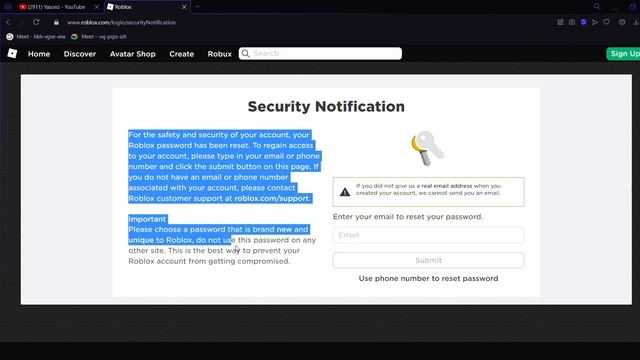 Roblox login page - Security notification reset password смотреть онлайн