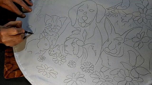 Заготовка рисунка к вышивке / Отдых в саду / рисунок на ткани красками, подготовка к вышивке. смотреть онлайн