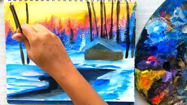 Winter Lake House | Acrylic Landscape painting for beginners смотреть онлайн