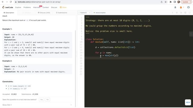 leetcode 2815. Max Pair Sum in an Array - use dict to group numbers смотреть онлайн