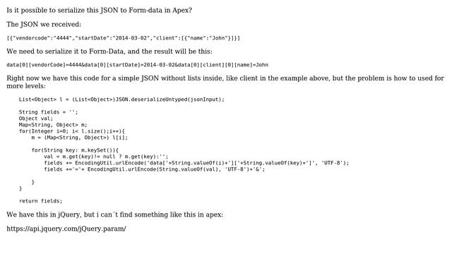 Salesforce: Transform JSON with lists inside into form data in Apex смотреть онлайн