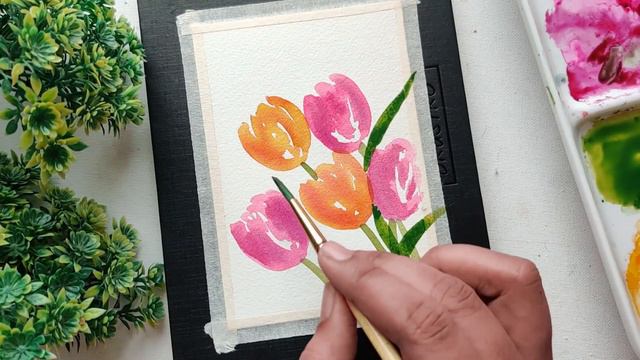 Watercolor Loose Floral Postcards : How to paint a Tulip Bunch смотреть онлайн