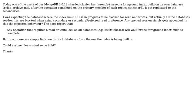 MongoDB foreground index build blocks secondary reads for all databases смотреть онлайн