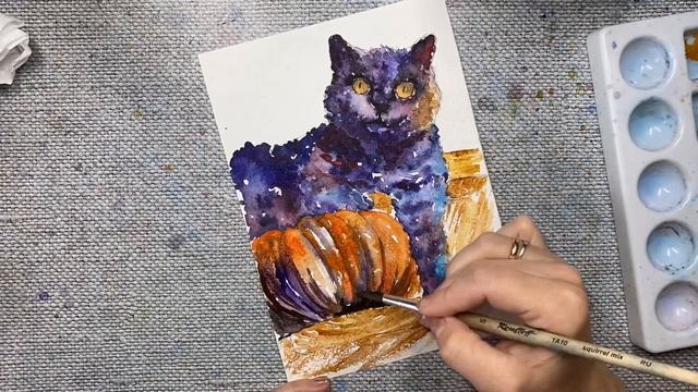 Кот и тыква. Рисую яркий скетч. Рисую кота и тыкву акварелью. смотреть онлайн